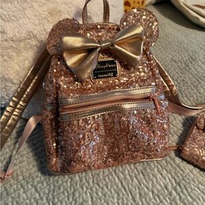 Loungefly Rose Gold Sequin Backpack with Bow and matching wallet - limited
